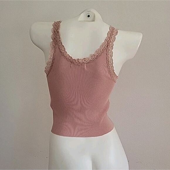 Urban Outfitters Dusty Rose Lace Trim Rib Knit Cropped Tank Top Coquette Retro - Picture 3 of 7